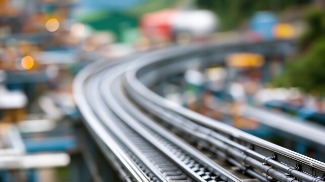 Curving Elevated Train Tracks in a Cityscape with Blurred Background Lights