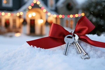 Obraz premium Winter Holiday Season Homeownership Dream: Keys Tied with Red Ribbon in Snowy Yard