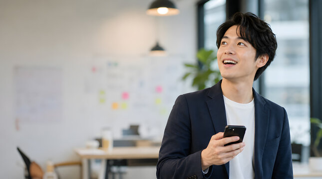 Inspired young professional looks thoughtfully towards the future, holding a smartphone in a bright, modern office environment, symbolizing innovation and digital connectivity in business
