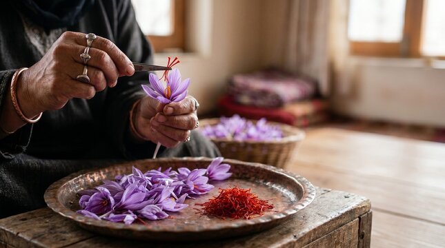 Woman harvesting saffron threads from purple flowers on metal