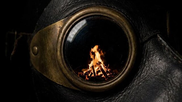 Dark steampunk plague doctor leather mask with fire reflection in round lens for eerie halloween background concept