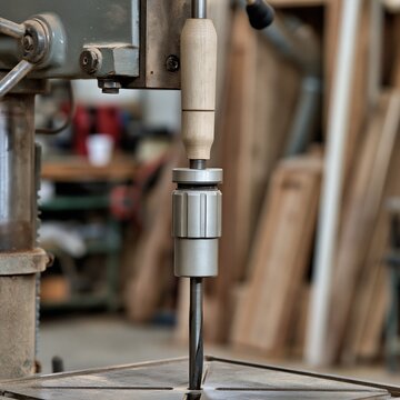 Close-up of a drill press chuck with bit, ready for woodworking and metalworking in a workshop