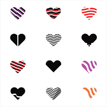 Abstract striped heart icons and modern love shapes vector set