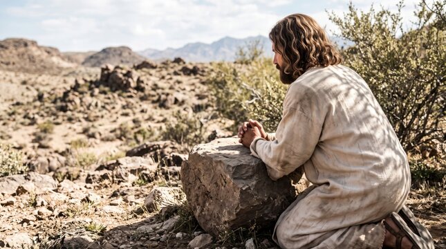 Jesus praying in the desert. Man kneeling on a rock in a wilderness landscape during his forty days of fasting. Biblical scene representing spiritual temptation and faith.