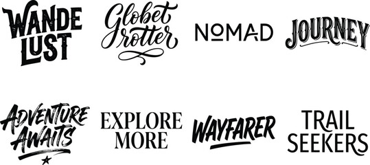Collection of hand drawn travel and adventure themed typography quotes and lettering designs on white background © tishahashan