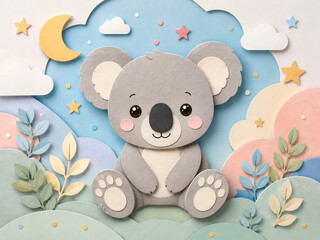 Naklejka premium Adorable baby koala sitting peacefully in a pastel paper cut landscape with eucalyptus foliage, moon, stars, and clouds, ideal for Australian woodland nursery decor.
