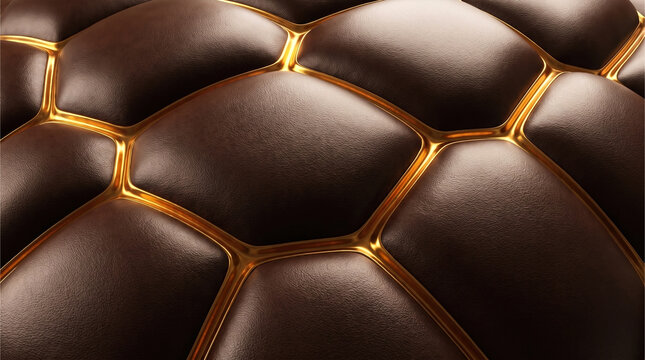Extreme macro texture of luxurious dark brown reptilian leather scales with glowing golden seams.