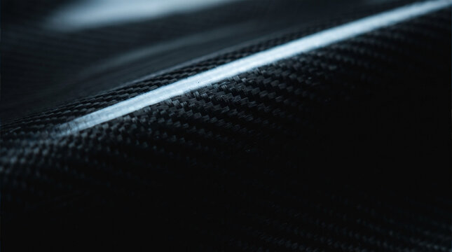 Extreme macro photograph of a dark carbon fiber surface featuring a sleek diagonal ridge and shallow depth of field.