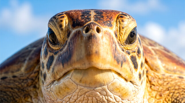 Symmetrical head-on close-up portrait of a wild sea turtle face with highly detailed scales and clear eyes.