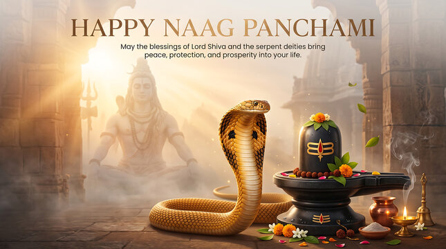 Serpent deity coiled beside sacred lingam within ancient stone temple setting under golden celestial light with ethereal temple sanctuary adorned marigold flowers