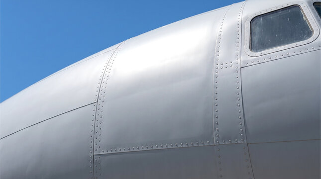 Detailed photograph of an aircraft's exterior fuselage made of polished aluminum with rivet patterns and a cabin window against a blue sky.