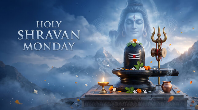 Holy shravan monday celebration featuring sacred stone lingam with trident and glowing oil lamp decoration with mystical mountain backdrop adorned flowers trident