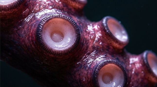 Extreme macro photograph focusing tightly on the intricate, fleshy suction cups of an octopus tentacle.