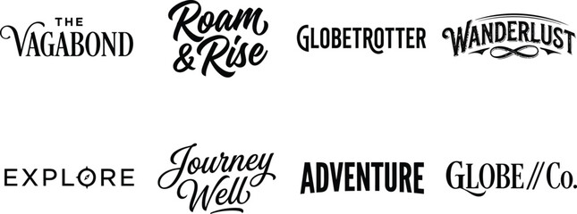 Set of travel themed typography designs featuring inspirational quotes and words about adventure and exploration on white background © tishahashan