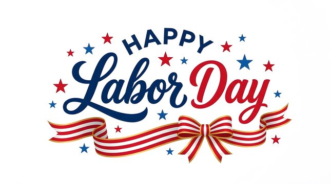 Happy labor day greeting card design with patriotic stars and striped ribbon on white background