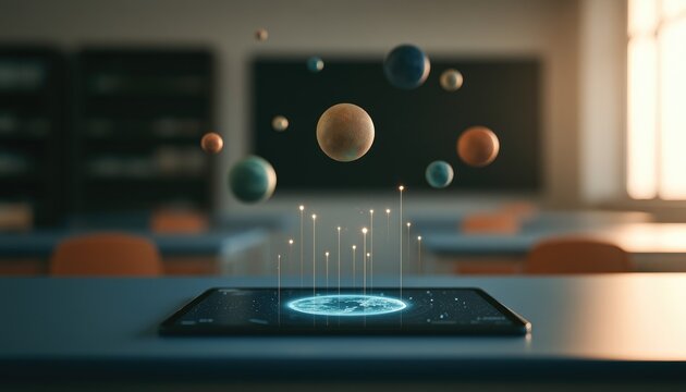 Futuristic Holographic Solar System Projection from Smartphone in Classroom.