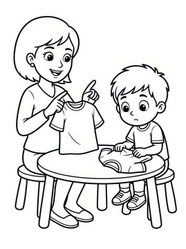 Mother teaching son to fold clothes
