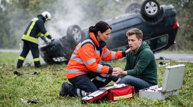 Paramedic Comforting Shocked Young Man After Car Accident Rollover Emergency