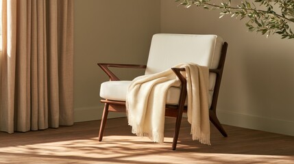 Fototapeta premium Cozy Mid-Century Modern Armchair with Soft Blanket in Warm Sunlight.