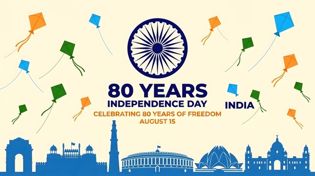 Eighty years of india independence day celebration featuring colorful kites and famous national landmark silhouettes
