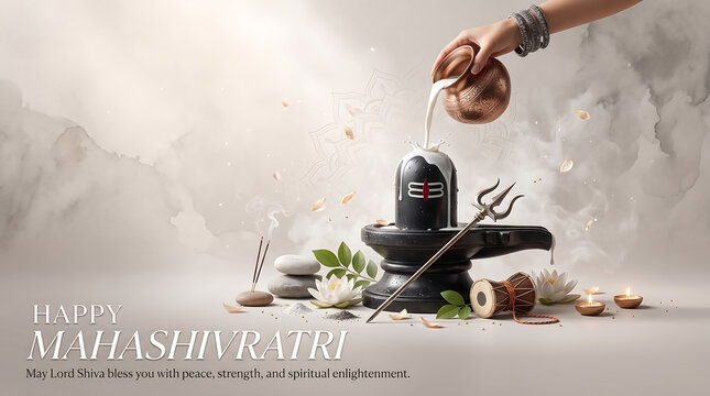 Milk offering ritual upon sacred black lingam stone decorated with lotus flowers with traditional musical instruments soft lighting blossoms incense traditional