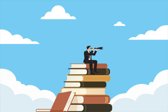 Businessman sitting on a stack of books using a telescope to explore future opportunities. Flat vector illustration of vision, knowledge, education, leadership, and success.