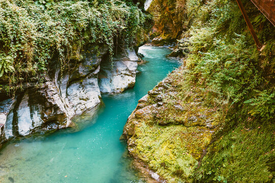 Iconic turquoise river bend inside the Orrido di Bellano canyon, Lecco province
