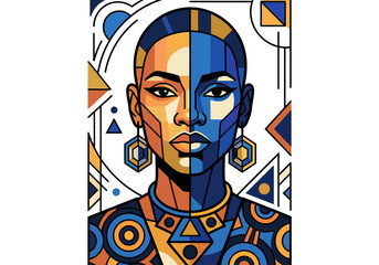 Fototapeta premium Abstract Portrait of a Woman with Geometric Patterns, Blue and Orange Tones