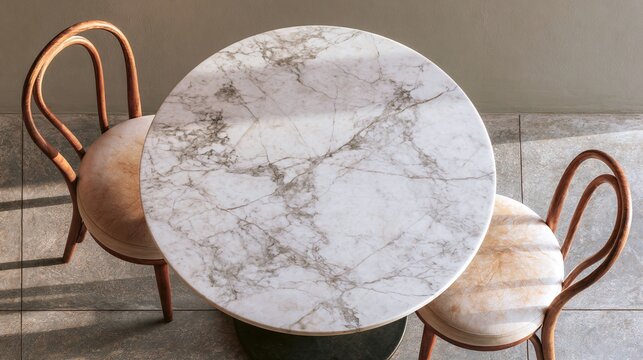 Round marble table with bentwood chairs viewed from above