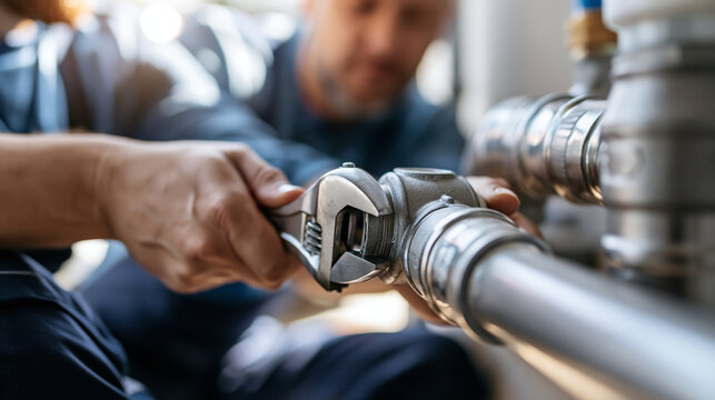 Close-up of a technician's hands tightening a pipe fitting with a spanner, faceless hands-only framing, bright clean exterior wall, pipe repair, plumbing service, water fitting, pr