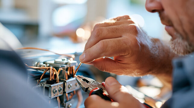 Close-up of a technician's hands installing electrical wiring in a junction box, faceless hands-only framing, bright clean exterior wall, wiring installation, electrical service, j