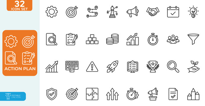 Action plan Vector illustration line editable Icons set. Strategy action planning icons for web and mobile app. Containing strategy, analysis, planning, strategy, analysis, tasks, goal, implementation