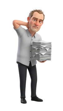3D Stressed Businessman Holding Paper Stack Illustration Isolated on a Transparent Background