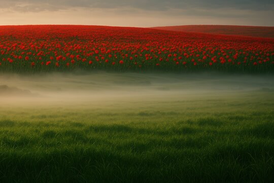 A field of vivid red poppies fades into soft white mist above deep green grass, three natural bands closely echoing the red, white and green of Belarus's flag.