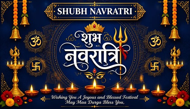 Vibrant and decorative Shubh Navratri greeting card featuring traditional motifs and festive lights