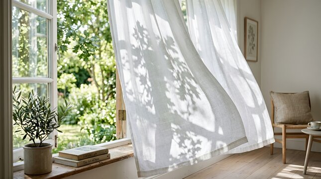 White sheer curtain blowing through open window to garden.