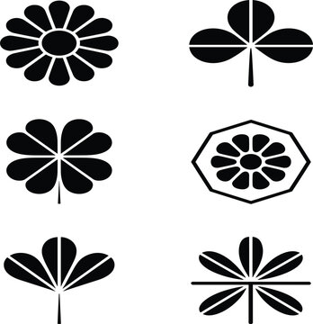 Minimalist Black Leaf and Flower Icon Set with Geometric Shamrock, Daisy, and Kamon Crest Symbols for Oriental Mon and Nature Logo Designs
