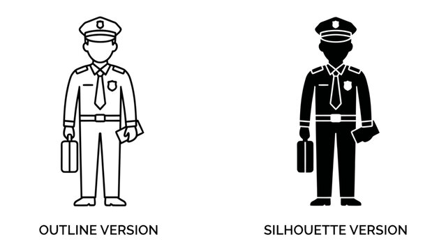 Police Officer Icon: A clear and concise visual representation of a police officer in both outline and silhouette styles, perfect for law enforcement and security themes.