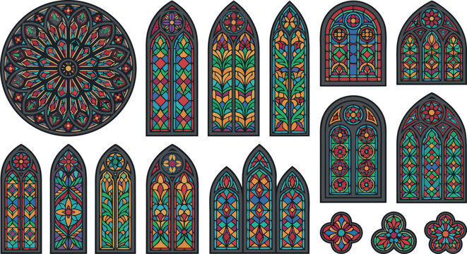 Gothic stained glass window icon set vector illustration featuring ornate colorful cathedral arches rose windows and medieval church mosaic elements for architectural history designs