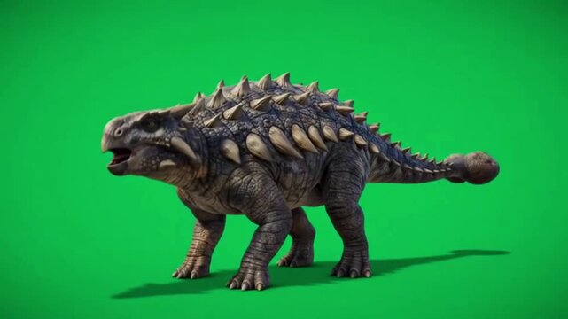 Realistic ankylosaurus dinosaur walking on green screen Background