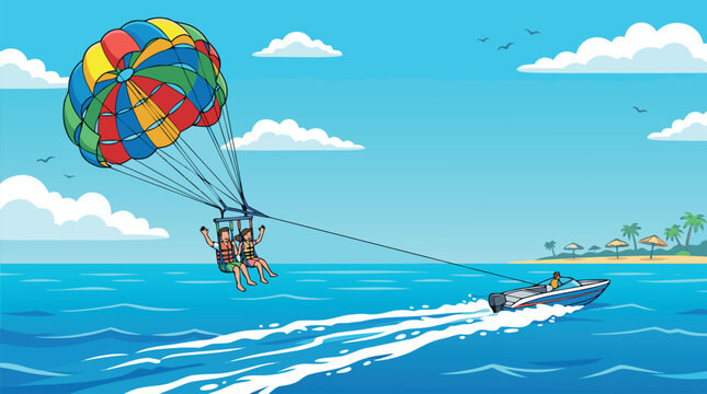 Parasailing couple flying with colorful parachute towed by speed boat in the ocean tropical resort beach scenery vector illustration for summer vacation holiday travel designs