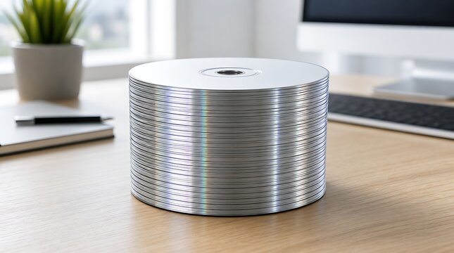 Neat vertical stack of silver optical discs on wooden desk symbolizing office data archiving and physical storage backup