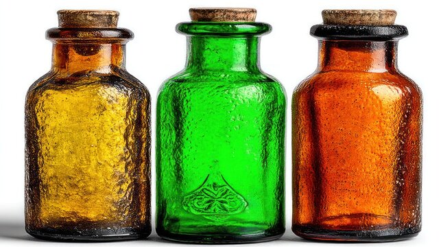 Three Vintage Apothecary Bottles with Cork Stoppers.