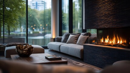 Fototapeta premium Cozy Modern Living Room with Fire Place and Large Windows