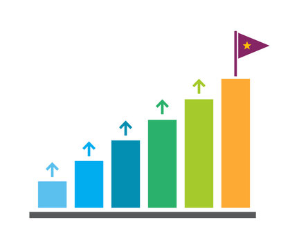 Colorful bar chart showing business growth with upward arrows and a goal flag on the highest column