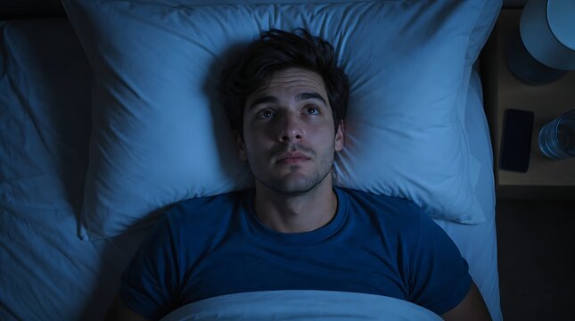 Top down view of man lying awake on white pillow at night representing insomnia disorder, overthinking, and sleep problems