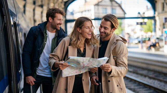 Photorealistic candid lifestyle scene of a young couple arriving at a regional train station, stepping off the train onto a platform with a small compact suitcase, both looking at