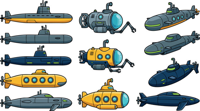 Submarine and submersible icon set vector illustration featuring naval military warships yellow deep sea research vessels periscopes propellers and robotic arms