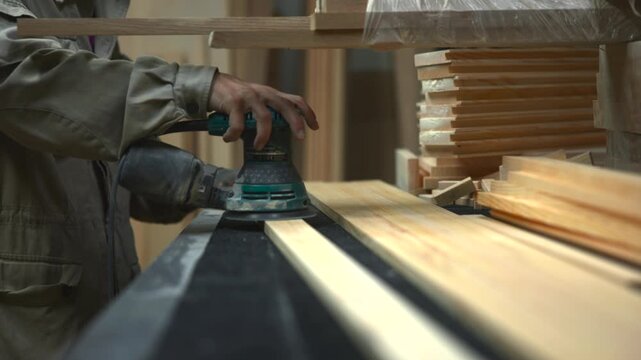 Worker sanding pine planks on workbench with handheld orbital sander in carpentry workshop, close low angle view showing hand tool contact, sawdust, and wood grain