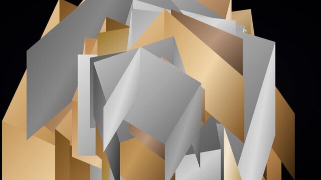 Dynamic 3D Rendered Animation Of Gold And Silver Geometric Shapes Unfolding And Transforming On A Dark Background